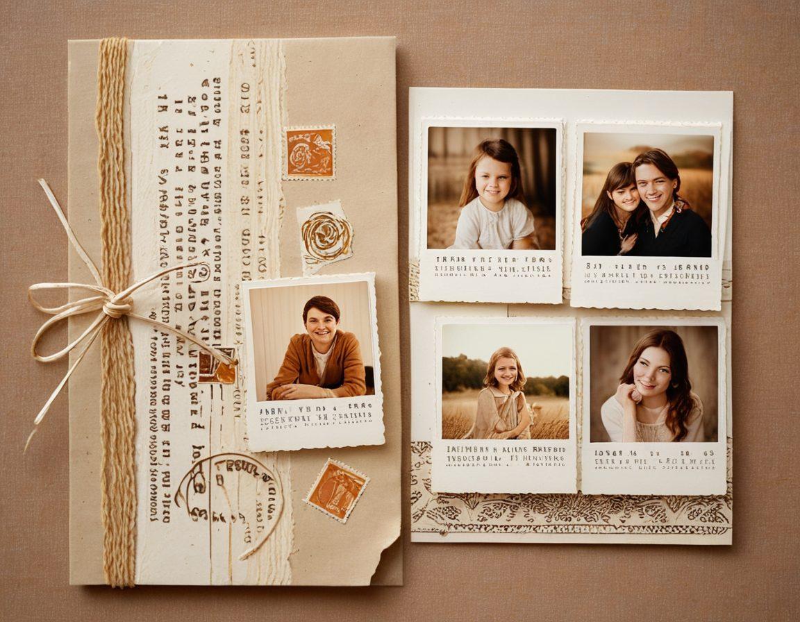 A beautifully designed vintage timeline stretching across a parchment background, showcasing significant moments such as childhood memories, family gatherings, and personal achievements with Polaroid-style photos. Each moment is connected with delicate strings and vintage stamps, evoking a sense of nostalgia. Soft warm color palette with hints of gold to enhance the feeling of cherished memories. retro collage. soft focus. vintage style.