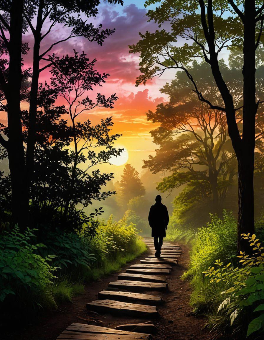 A serene landscape depicting a winding path through a vibrant forest, symbolizing the journey from grief to growth. Along the path, images of cherished memories are illustrated as glowing orbs, radiating warmth. The sky transitions from dark stormy clouds to a bright sunrise, symbolizing hope and renewal. Include a silhouette of a person walking forward, embracing change. surreal, vivid colors, uplifting atmosphere.